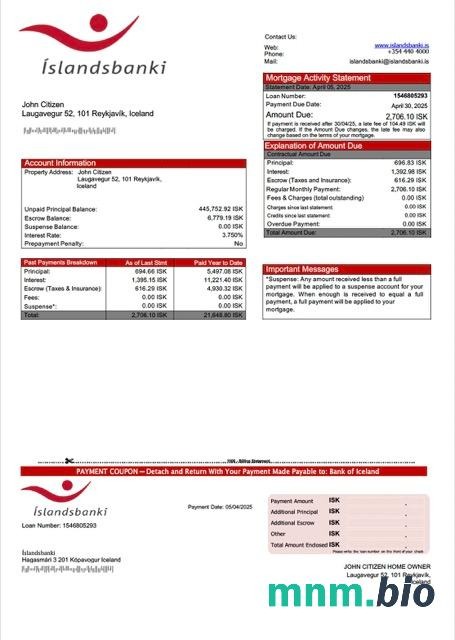 Islandia Bank of Iceland (Íslandsbanki) wyciąg z kredytu hipotecznego szablon Word i PDF